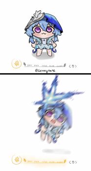 1girl blue_dress blue_hair blue_veil commentary dress english_commentary floating hair_between_eyes highres lennykaise long_hair looking_at_viewer purple_eyes shorekeeper_(wuthering_waves) simple_background standing twitter_username two-tone_veil user_interface veil white_background white_veil wuthering_waves