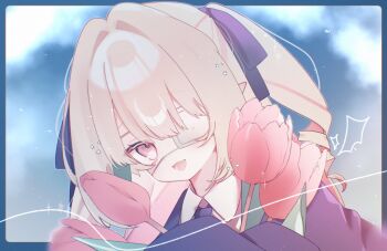 1girl blazer blue_border blue_jacket blue_necktie blue_ribbon blush border cloud collared_shirt colored_inner_hair drill_hair eyepatch fang flower grey_hair hair_intakes hair_ribbon hashtag-only_commentary highres holding holding_flower jacket long_hair long_sleeves looking_at_viewer makaino_ririmu medical_eyepatch monitoring_(vocaloid) multicolored_hair necktie nijisanji official_alternate_costume official_alternate_hairstyle open_mouth pink_flower pink_hair pink_streaks pink_tulip pointy_ears portrait red_eyes ribbon school_uniform shirt sidelocks sky solo sparkle standing streaked_hair tulip two-tone_hair two_side_up virtual_youtuber white_shirt xx0_il