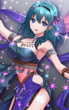 1girl :d alternate_costume ancient_greek_clothes armlet armor bare_shoulders black_dress black_hairband blue_eyes blue_hair breasts choker_jewel cleavage collarbone commentary_request dancer dancer_(fire_emblem:_three_houses) dancing detached_sleeves dress female_byleth_(fire_emblem) fire_emblem fire_emblem:_three_houses gem greco-roman_clothes hair_between_eyes hairband jewelry kakiko210 large_breasts long_hair looking_at_viewer nintendo open_mouth pelvic_curtain single-shoulder_dress single_strap smile solo sparkle sparkling_aura