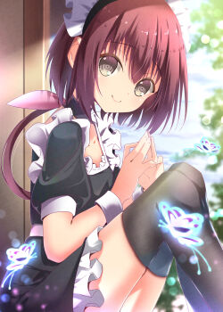 1girl absurdres alternate_costume apron black_choker black_dress black_thighhighs blue_butterfly blurry blurry_background bug butterfly c: choker closed_mouth commentary day dress enmaided feet_out_of_frame frilled_apron frilled_dress frills from_side glowing_butterfly grey_eyes hair_between_eyes hair_ribbon hands_up highres insect knees_up light_particles long_hair low_ponytail maid maid_apron maid_headdress nanami_(summer_pockets) outdoors own_hands_together pink_ribbon ponytail puffy_short_sleeves puffy_sleeves purple_hair ribbon ringed_eyes short_dress short_sleeves sitting smile solo steepled_fingers sukonbu385 summer_pockets thighhighs watermark white_apron white_wrist_cuffs wrist_cuffs zettai_ryouiki