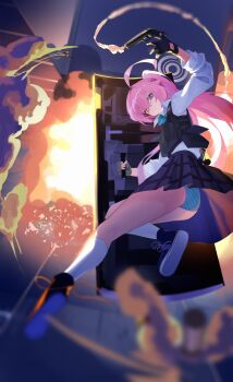 1girl ahoge black_gloves black_shoes black_skirt blue_archive blue_eyes blue_panties brown_eyes commentary_request explosion full_body gloves gun halo handgun heterochromia highres holding holding_gun holding_shield holding_weapon hoshino_(blue_archive) legs long_hair long_sleeves looking_at_viewer looking_back panties parted_lips pink_hair shield shirt shoes skirt socks solo striped_clothes striped_panties underwear weapon white_halo white_shirt white_socks zhileng_zhil