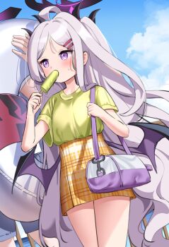 Rule 34 | 1boy, 1girl, ahoge, alternate costume, bag, blue archive, blue sky, casual, cloud, cloudy sky, commentary request, demon girl, demon horns, demon wings, food, food in mouth, forehead, halo, handbag, highres, hina (blue archive), holding, holding food, holding popsicle, holding swim ring, horns, ine (ineinnen), innertube, long hair, male swimwear, out of frame, outdoors, parted bangs, plaid clothes, plaid skirt, pleated skirt, popsicle, popsicle in mouth, purple eyes, revision, sensei (blue archive), short sleeves, shoulder bag, sidelocks, skirt, sky, sweat, swim ring, wavy hair, white hair, wings