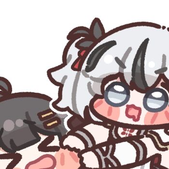 &gt;_&lt; blush_stickers bugi_33 camellya_(wuthering_waves) chibi chibi_only drooling female_rover_(wuthering_waves) grabbing_another&#039;s_face hair_ornament head_grab looking_at_another rover_(wuthering_waves) wavy_mouth wuthering_waves