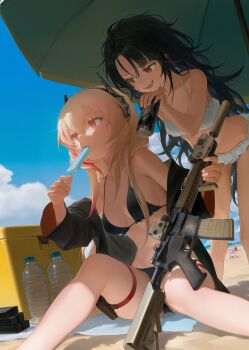 3girls absurdres assault_rifle bare_legs bare_shoulders beach beach_umbrella bikini black_bikini black_hair black_jacket blonde_hair breasts c-ms_(girls'_frontline) commentary english_commentary food girls'_frontline gun highres holding holding_food holding_gun holding_popsicle holding_weapon jacket long_hair long_sleeves looking_ahead looking_at_another m4_carbine m4_sopmod_ii_(girls'_frontline) mdr_(girls'_frontline) medium_breasts multicolored_hair multiple_girls navel off_shoulder open_clothes open_jacket open_mouth outdoors popsicle red_eyes rifle shade sitting stomach strap_gap streaked_hair string_bikini swimsuit takemori_kohoto thigh_strap thighs umbrella weapon white_bikini