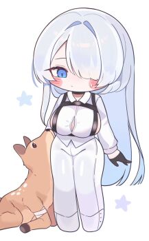 1girl bandaged_leg bandages black_choker black_gloves blue_eyes blush_stickers breasts brid_(nikke) brid_(silent_track)_(nikke) button_gap chest_harness choker cleavage closed_mouth collared_shirt commentary deer deformed full_body gloves goddess_of_victory:_nikke grey_hair hair_between_eyes hair_over_one_eye half_gloves harness large_breasts long_hair looking_at_another mming_(mmingis18) pants shirt sideboob sideless_shirt sidelocks simple_background standing sweatdrop tight_clothes tight_pants white_background white_pants white_shirt