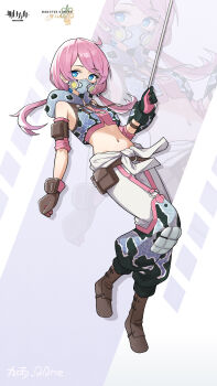 1girl absurdres ankle_boots arknights artist_name asymmetrical_gloves bare_shoulders black_gloves blue_eyes blue_poison_(arknights) boots bright_pupils brown_boots brown_gloves chinese_commentary commentary_request copyright_name covered_mouth crop_top cropped_vest full_body gloves grey_vest hair_tie highres holding hood hood_down hooded_vest hoodie jiuyu_qame mask mismatched_gloves monster_hunter_(series) monster_hunter_wilds navel o-ring pants pink_gloves pink_hair pink_vest pouch respirator solo spiked_hood stomach twintails vest white_pants white_pupils zoom_layer