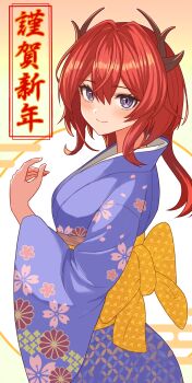 1girl arknights back_bow blush bow brown_horns closed_mouth commentary_request floral_print floral_print_kimono hair_between_eyes hair_intakes hand_up highres horns japanese_clothes kimono kuwan4971 long_hair long_sleeves looking_at_viewer print_kimono purple_eyes purple_kimono red_hair seigaiha smile solo surtr_(arknights) wide_sleeves yellow_bow