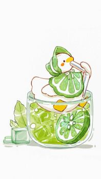 animal animal_focus artist_request beak bird black_eyes blush_stickers bubble clothed_animal cup drinking drinking_glass drinking_straw duck food food_focus food_print fruit green_bonnet green_poncho highres ice ice_cube in_container in_cup leaf lime_(fruit) lime_slice looking_ahead neck_ribbon no_humans original painting_(medium) print_poncho ribbon shadow simple_background sitting soda solid_circle_eyes source_request third-party_source traditional_media watercolor_(medium) white_background white_ribbon