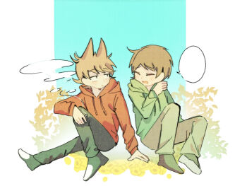 Rule 34 | 2boys, animification, antenna hair, black pants, black shoes, blank speech bubble, blush, brown hair, cigarette, closed eyes, commentary, drawstring, edd (eddsworld), eddsworld, english commentary, film grain, flipped hair, flower, green hoodie, green pants, green shoes, hair behind ear, hair ears, holding, holding cigarette, hood, hood down, hoodie, jitome, kedou, long sleeves, looking at another, male focus, multiple boys, open mouth, pants, red hoodie, shoes, short hair, simple background, smile, smoke, sneakers, speech bubble, swept bangs, tord (eddsworld), yellow flower