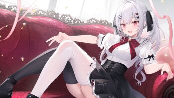 1girl asymmetrical_legwear black_corset black_footwear black_skirt black_thighhighs bow bowtie collar commentary commentary_request commission corset couch frilled_collar frills gem grey_hair indie_virtual_youtuber kurage_cc long_hair open_mouth orange_gemstone pink_ribbon red_bow red_bowtie red_eyes ribbon shirt short_sleeves skeb_commission skindentation skirt smile solo symbol-only_commentary thighhighs thighs twintails v virtual_youtuber white_shirt white_thighhighs yorumiya_luna
