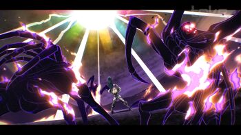 1girl 3others aiming_up alien arm_cannon armor burning commentary energy_ball energy_beam ing_(metroid) legs_apart letterboxed light_suit_(metroid) metroid metroid_prime_2:_echoes multiple_others nintendo power_suit_(metroid) samus_aran science_fiction shoulder_armor teke weapon