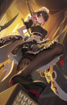 1girl absurdres apron black_dress black_hair black_pantyhose black_shoes colored_inner_hair commentary daniel_deng dress ellen_joe fins fish_tail highres indoors maid maid_headdress multicolored_hair pantyhose parted_lips pink_hair puffy_short_sleeves puffy_sleeves shark_tail shoes short_dress short_sleeves solo tail waist_apron white_apron wrist_cuffs zenless_zone_zero