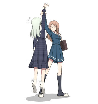 2girls anglediana bang_dream! bang_dream!_it's_mygo!!!!! black_socks blue_dress blue_shirt blue_skirt blush brown_hair chinese_commentary closed_eyes closed_mouth commentary_request dress green_hair highres kneehighs lifting_person long_hair multicolored_hair multiple_girls nagasaki_soyo no_shoes plaid_clothes plaid_dress pleated_skirt revision roots_(hair) school_uniform shirt simple_background skirt slippers socks tsukinomori_school_uniform unmoving_pattern wakaba_mutsumi white_background white_socks