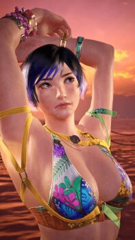 1girl 3d bikini bikini_top_only breasts cleavage cosplay cover female_focus game_screenshot highres large_breasts miary_zo miary_zo_(cosplay) mod multicolored_bikini multicolored_bikini_top namco purple_hair reina_(tekken) short_hair solo swimsuit tekken tekken_8 video_game_cover