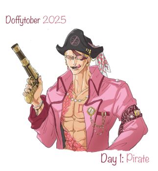 1boy abs armband blonde_hair bracelet chest_tattoo donquixote_doflamingo earrings english_text eyepatch gun hat highres holding holding_gun holding_weapon inktober jacket jewelry male_focus multiple_bracelets muscular muscular_male necklace one_piece open_clothes open_jacket pink_jacket pirate pirate_hat red_armband short_hair smile stomach_tattoo sunglasses tattoo tongue tongue_out tuquidflamingo upper_body weapon white_background