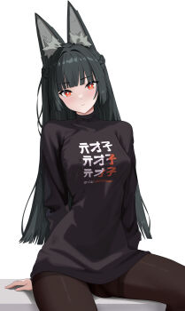 1girl absurdres animal_ear_fluff animal_ears black_hair black_pantyhose black_shirt blush braid breasts bright_pupils closed_mouth clothes_lift clothes_writing commentary english_commentary feet_out_of_frame fox_ears fox_girl half_up_braid highres hoshimi_miyabi ir_who long_hair looking_at_viewer medium_breasts no_pants orange_eyes pantyhose shirt simple_background sitting solo thighband_pantyhose thighs variant_set white_background white_pupils zenless_zone_zero