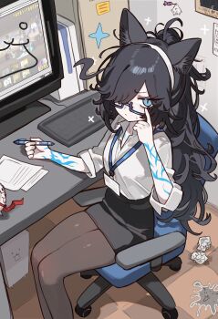 1girl absurdres animal_ears black_hair blue_eyes body_markings breasts cat_ears cat_girl dark_kasli_(nyanko_daisensou) ebora frown glasses hair_over_one_eye highres holding holding_pen kasli_(nyanko_daisensou) lanyard long_hair looking_at_viewer nyanko_daisensou office_lady pale_skin pantyhose pen pencil_skirt skirt small_breasts sweatdrop