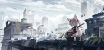 1girl animal_ears apartment blue_sky building cat_ears city closed_eyes cloud cloudy_sky day guitar highres holding holding_instrument instrument kirok_orange music musical_note on_rooftop original playing_instrument project_zomboid scenery singing sitting sky skyscraper solo