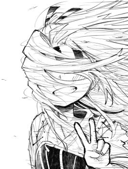 blush commentary_request facing_viewer greyscale grin hachimaki hair_over_eyes headband japanese_clothes kantai_collection kimono monochrome muneate pandemic14 simple_background sketch smile solo teeth upper_body upper_teeth_only v wind zuihou_(kancolle)