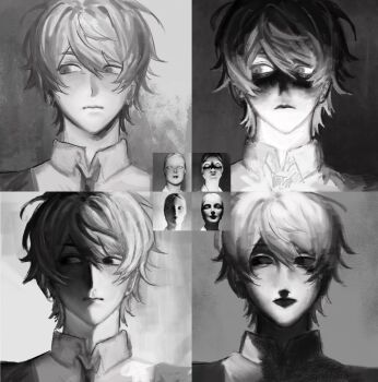 art_study closed_mouth collared_shirt freakyzou greyscale highres messy_hair monochrome necktie original painterly shirt short_hair underlighting