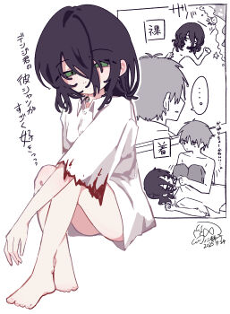 ... 1boy 1girl absurdres artist_name blood blood_on_clothes borrowed_clothes chainsaw_man denji_(chainsaw_man) dressing_another green_eyes highres knees_up purple_hair reze_(chainsaw_man) shirt speech_bubble tori2_desi torn_clothes torn_sleeves translation_request white_shirt