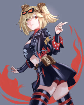 1girl black_jacket black_skirt black_tube_top blonde_hair breasts burnice_white commentary_request cowboy_shot cropped_jacket eyewear_on_head grey_background highres jacket komori_hiki_(hikienlaventana) midriff simple_background skirt solo strapless tube_top twintails yellow_eyes zenless_zone_zero