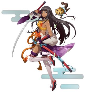1girl animal arm_wrap armor autumn_leaves bare_shoulders black_hair blue_eyes blunt_bangs bracer breasts bridal_gauntlets cleavage criss-cross_halter cropped_shirt dark-skinned_female dark_skin falling_leaves floating_animal floating_clothes floating_hair floral_print from_side full_body game_cg gradient_clothes gradient_skirt halter_shirt halterneck hat hat_over_one_eye high_heel_sandals high_heels highres holding holding_sheath holding_sword holding_weapon japanese_clothes katana langrisser langrisser_mobile langrisser_re:incarnation leaf leg_up long_hair long_sidelocks looking_at_viewer looking_back medium_breasts official_alternate_costume official_art one_eye_covered open_mouth orange_rope parted_lips pom_pom_(clothes) print_skirt purple_skirt raccoon raccoon_tail red_rope rice_hat rope rope_thighlet sandals scabbard second-party_source serious sheath shimenawa shiny_skin shirt side_slit sidelocks simple_background skirt sleeveless sleeveless_shirt solo_focus standing standing_on_one_leg stomach straw_hat sword tachi-e tail tanuki tassel thighhighs towa_(langrisser) transparent_background unsheathed very_long_hair weapon white_thighhighs yellow_eyes yellow_shirt zettai_ryouiki