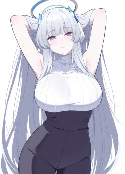 1girl absurdres alternate_costume armpits arms_behind_head arms_up black_pants blue_archive blunt_bangs blush breasts commentary_request halo high-waist_pants highres large_breasts long_hair looking_at_viewer mechanical_halo noa_(blue_archive) pants purple_eyes reia_76 shirt simple_background sleeveless sleeveless_shirt solo very_long_hair white_background white_hair white_halo white_shirt
