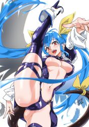 Rule 34 | 1girl, absurdres, angel wings, blue hair, boots, breasts, commission, dizzy (guilty gear), groin, guilty gear, hashiguchi takashi, high heel boots, high heels, highres, large breasts, long hair, looking at viewer, monster girl, navel, open mouth, red eyes, revealing clothes, skeb commission, skindentation, smile, split, standing, standing on one leg, standing split, tail, thigh boots, thigh strap, underboob, very long hair, wings