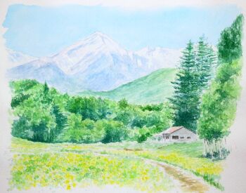 blue_sky border building commentary_request day forest hill ktrnagai landscape mountain nature no_humans original outdoors painting_(medium) path road scenery sky traditional_media tree watercolor_(medium) white_border