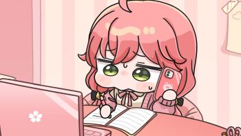 1girl ahoge black_bow blush_stickers bow cellphone chibi collared_shirt commentary_request computer green_eyes hair_bow holding holding_phone hololive indoors jacket laptop long_hair long_sleeves low_twintails mochimiko off_shoulder open_clothes open_jacket phone pink_hair pink_jacket puffy_long_sleeves puffy_sleeves sakura_miko shirt solo sweat twintails virtual_youtuber white_shirt yurie_mouth