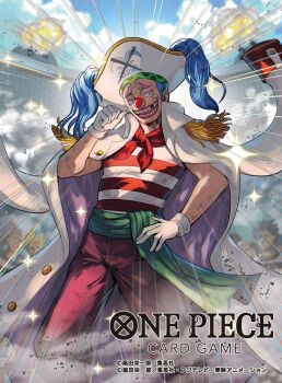 Rule 34 | 1boy, beard, blue hair, buggy the clown, coat, coat on shoulders, commentary request, copyright name, epaulettes, facial hair, floating clothes, gloves, green sash, hand on own hip, hat, makeup, male focus, missing tooth, moreshan, motion lines, official art, one piece, one piece card game, outdoors, people, pirate hat, pointing, pointing at self, sash, sideburns, smile, smoke, sparkle, striped clothes, white coat, white gloves