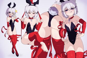 1girl :3 :q ;d =_= absurdres adapted_costume animal_ears arm_behind_back arm_ribbon ass back bare_shoulders barefoot black_footwear black_leotard blush breasts c: closed_eyes closed_mouth commentary covered_navel cowboy_shot cross_hair_ornament darkkin detached_collar english_commentary fake_animal_ears fake_tail feet fingernails from_behind full_body gluteal_fold grey_background grey_hair groin hair_between_eyes hair_ornament half-closed_eyes hand_up hands_on_own_hips hands_up heart heart_of_string highleg highleg_leotard highres kagari_(rewrite) leg_ribbon leg_up leotard long_ribbon looking_at_viewer motion_lines multiple_views naughty_face necktie on_swing one_eye_closed open_mouth playboy_bunny purple_eyes rabbit_ears rabbit_tail raised_eyebrows red_ribbon red_thighhighs rewrite ribbon seductive_smile short_hair short_necktie simple_background sitting small_breasts smile smug split_mouth standing star_(symbol) strapless strapless_leotard swing tail teeth thigh_gap thighhighs thighs toenails toes tongue tongue_out tsurime upper_teeth_only v v-shaped_eyebrows w_arms white_necktie