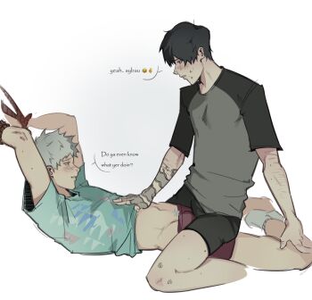 2boys bdsm black_hair black_male_underwear blush bondage bound boy_on_top bulge commentary emoji english_commentary english_text highres hikaru_ga_shinda_natsu hikarusphlatass indou_hikaru male_focus male_pubic_hair male_underwear mole mole_on_arm mole_on_cheek mole_on_thigh mole_under_mouth multiple_boys multiple_moles papyrus_(font) pubic_hair pubic_hair_peek red_male_underwear scar scar_on_arm self-harm_scar short_hair socks speech_bubble stomach thighs tsujinaka_yoshiki underwear white_hair white_socks yaoi