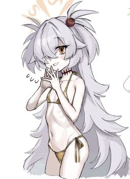 1girl absurdly_long_hair bags_under_eyes bare_shoulders bikini blue_archive blush blush_stickers cropped_legs crossed_bangs flat_chest flying_sweatdrops gisuta_sunshine gold_bikini grey_hair grin hair_between_eyes hair_over_one_eye halo halterneck hands_up highres kanoe_(blue_archive) loli long_hair looking_at_viewer navel one_eye_covered orange_eyes orange_halo paint_chat_(medium) parted_lips ribs side-tie_bikini_bottom simple_background smile solo standing steepled_fingers string_bikini swimsuit thighs two_side_up very_long_hair white_background
