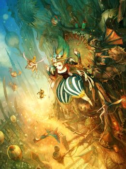 3girls bat_(animal) blonde_hair dutch_angle fairy fantasy flying monkey multiple_girls original pants size_difference tahra wings