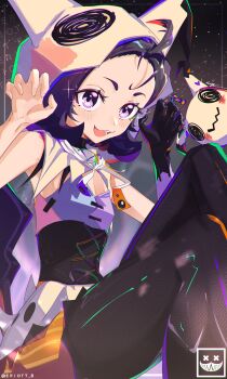 Rule 34 | 1girl, absurdres, acerola (fall 2020) (pokemon), acerola (pokemon), artist logo, eriott, feet out of frame, gen 7 pokemon, ghost pose, gloves, highres, hood, hood up, logo, looking at viewer, mimikyu, nintendo, official alternate costume, open mouth, pokemon, pokemon (creature), pokemon masters ex, purple eyes, purple hair, signature, single glove, smile, sparkle, twitter username