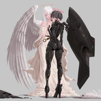 2girls absurdres angel angel_wings ass barefoot black_hair blood collarbone colored_eyelashes commentary_request cyborg feathered_wings full_body halo high_heels highres holding_hands joints long_hair looking_at_viewer looking_back mechanical_wings multiple_girls original red_eyes robe robot_joints short_hair single_wing standing user_ujsh8484 very_short_hair white_hair white_robe wing_amputee wings yellow_eyes