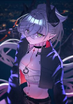 Rule 34 | 1girl, bat wings, black skirt, breasts, chest tattoo, commentary request, demon horns, earrings, fate/grand order, fate (series), green eyes, highres, horns, jewelry, lilith (fate), lilith (over the same sky) (fate), long hair, looking at viewer, medium breasts, neck tattoo, onda (wave sometime), pencil skirt, pink hair, ponytail, pubic tattoo, single earring, skirt, solo, solo focus, tattoo, white hair, wings