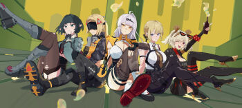 5girls ahoge animal_ears black_gloves black_hair black_jacket black_pants black_skirt black_thighhighs blindfold_mask blonde_hair breasts burnice_white camouflage cleavage commentary_request covered_eyes crop_top earrings evelyn_chevalier eyewear_on_head fingerless_gloves gloves green_eyes grey_hair hair_ornament highres jacket jane_doe_(zenless_zone_zero) jewelry kumanomenekoze large_breasts long_hair looking_at_viewer mask mole mole_under_eye mouse_ears mouse_girl mouse_tail multiple_girls navel open_mouth pants pantyhose ponytail purple_eyes red-tinted_eyewear red_eyes shirt shorts skirt smile sunglasses tail thighhighs tinted_eyewear torn_clothes torn_pantyhose trigger_(zenless_zone_zero) twintails white_hair white_shirt yellow_eyes yellow_jacket yixuan_(zenless_zone_zero) zenless_zone_zero