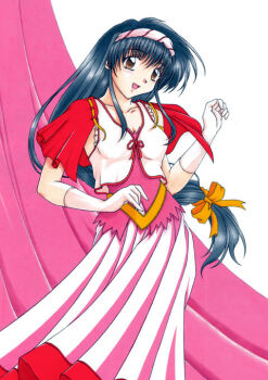 1girl black_hair bow brown_eyes commentary cowboy_shot curtains gloves hair_bow hairband hand_up head_tilt long_hair looking_at_viewer low-tied_long_hair open_mouth orange_bow pink_gloves pink_hairband pink_shirt pink_skirt pink_theme sheela_sheffield shirt sidelocks skirt sleeveless sleeveless_shirt smile solo standing very_long_hair white_shirt yuuki_shino yuukyuu_gensoukyoku