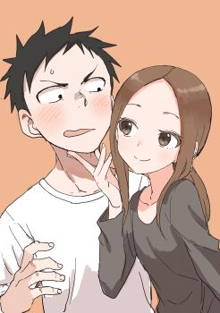 Rule 34 | 1boy, 1girl, absurdres, black hair, black shirt, blush, brown background, brown eyes, brown hair, closed mouth, collarbone, commentary request, forehead, hand up, highres, karakai jouzu no takagi-san, long hair, long sleeves, low ponytail, nishikata, official art, open mouth, parted bangs, ponytail, shirt, simple background, smile, sweat, takagi-san, wavy mouth, white shirt, yamamoto souichirou