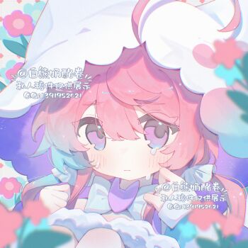 1girl ahoge bai_xiong_nailaojuan blush bow bowtie closed_mouth double-parted_bangs hair_between_eyes hat highres knees_up long_hair long_sleeves looking_at_viewer low_twintails original pink_eyes pink_hair portrait purple_shirt shirt solo twintails watermark white_bow white_bowtie white_hat