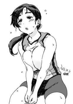 1girl bare_shoulders black_eyes black_hair blush breast_press breasts collarbone commentary_request dated large_breasts long_hair looking_at_viewer monochrome open_mouth original ponytail shorts signature simple_background sportswear sweat thighs tsukudani_(coke-buta) volleyball_uniform white_background