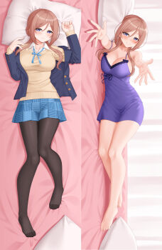 1girl bare_legs barefoot bed_sheet blazer blue_eyes blue_jacket blue_ribbon blue_skirt blush breasts brown_hair brown_pantyhose carry_me chemise closed_mouth dakimakura_(medium) gakuen_idolmaster hatsuboshi_gakuen_school_uniform highres himesaki_rinami idolmaster jacket kurisu-kun large_breasts looking_at_viewer lying multiple_views neck_ribbon on_back on_side pantyhose pillow purple_chemise ribbon school_uniform shirt skirt smile sweater toes white_shirt yellow_sweater