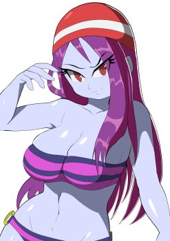 Rule 34 | 1girl, bandana, bare shoulders, bikini, breasts, collarbone, colored skin, geo-tempest, large breasts, navel, o-ring, o-ring bikini, official alternate costume, purple bikini, purple hair, purple skin, red eyes, risky boots, shantae: half-genie hero, shantae (series), simple background, solo, string bikini, swimsuit, white background