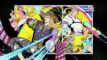 Rule 34 | 2girls, 4boys, absurdres, adapted costume, aiming, animal print, ball, beanie, black pants, blonde hair, blue eyes, blue paint, blue shirt, breasts, brown gloves, brown hat, capelet, cosplay, cowboy hat, diego brando, dress, dual wielding, english text, gloves, goggles, goggles on headwear, golden spiral, green lips, green shorts, grin, gyro zeppeli, hat, highres, holding, holding ball, holding water gun, holster, hood, hood down, hoodie, horseshoe hat ornament, horseshoe ornament, hot pants (sbr), ideajkk, johnny joestar, jojo no kimyou na bouken, large breasts, leopard print, long hair, lucy steel, makeup, mountain tim, multiple boys, multiple girls, pants, patrick star, patrick star (cosplay), pink capelet, pink dress, pink hair, purple shirt, scary monsters (stand), shirt, short hair, shorts, smile, stand (jojo), steel ball (jojo), steel ball run, water gun, white hat, white hoodie, white paint, white pants, wristband, zebra print