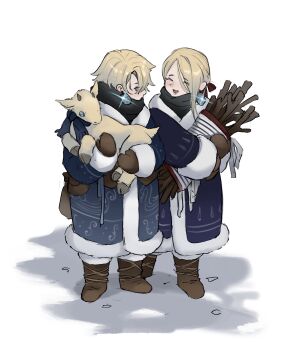 1boy 1girl ^_^ absurdres aged_down animal black_scarf blonde_hair blue_coat blue_eyes boots brother_and_sister brown_boots brown_gloves child closed_eyes coat commentary constance_(angeliccarousel) duchess_(elden_ring) earrings elden_ring elden_ring_nightreign full_body fur_coat gloves goat hand_up highres holding holding_animal jewelry mittens open_mouth profile scarf short_hair short_hair_with_long_locks siblings single_earring smile standing stick symbol-only_commentary white_background wylder_(elden_ring)