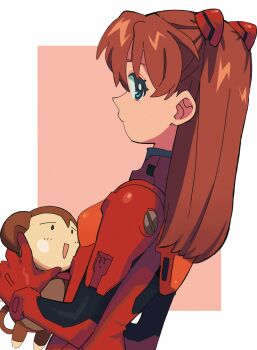 1girl 4zw89qkqagggcf7 blue_eyes bodysuit breasts brown_hair hair_between_eyes highres interface_headset_(evangelion) long_hair looking_at_viewer looking_back mecha_pilot_suit neon_genesis_evangelion plugsuit_(evangelion) red_bodysuit red_headwear shiny_clothes simple_background small_breasts solo souryuu_asuka_langley stuffed_animal stuffed_toy twintails two_side_up very_long_hair
