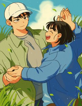 Rule 34 | 1boy, 1girl, after school lessons for unripe apples, black eyes, black hair, blue jacket, blue sky, closed eyes, closed mouth, cloud, collared jacket, commentary, day, grass, green jacket, grey shirt, hat, highres, holding hands, hwang mi-ae, jacket, kim cheol, long sleeves, looking at another, open clothes, open jacket, open mouth, outdoors, shirt, short hair, sihyun25, sky, smile, symbol-only commentary, teeth, tongue, upper teeth only, white hat